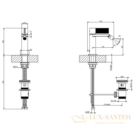 смеситель для биде gessi inverso diamantato 73607.726, с донным клапаном, warm bronze br pvd