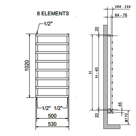 полотенцесушитель водяной cordivari laura 3551570400004 1020/530 мм (8 перекладин), хром