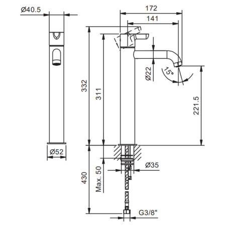 смеситель для раковины, fantini icona classic, 53 02 r406wf, 1 отв., без донного клапана, излив 140мм, хром