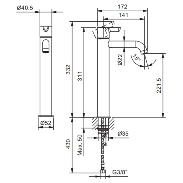 смеситель для раковины, fantini icona classic, 53 02 r406wf, 1 отв., без донного клапана, излив 140мм, хром