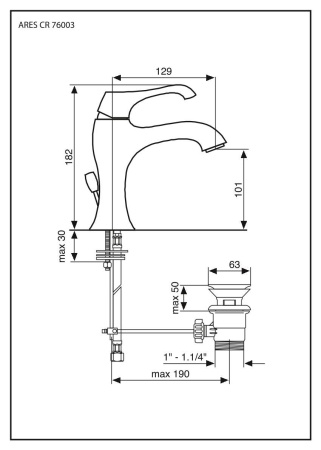 смеситель для раковины emmevi ares 76003c/sp с донным клапаном, зачищенный хром