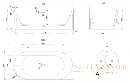 ванна угловая из искусственного камня abber stein as9651 r, правосторонняя, 170х80х55h см, белый матовый 