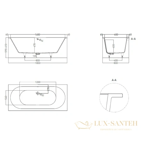 ванна salini ornella axis 103411g s-sense 180x80 см, белый