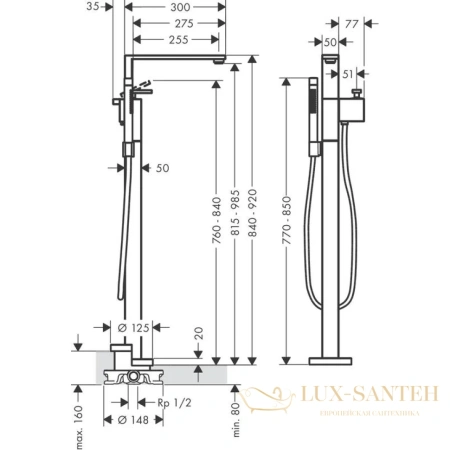смеситель для ванны напольный axor edge, 46441300, с ручным душем, излив 255 мм, с огранкой, полированное красное золото