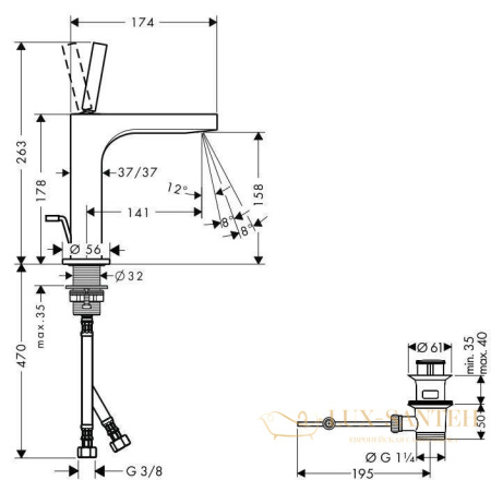 смеситель для раковины 160, axor citterio, 39031000, с донным клапаном, хром