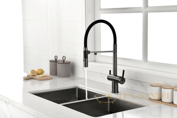 смеситель для кухни под фильтр с гибким изливом paulmark gravity gr213888-gm, вороненая сталь