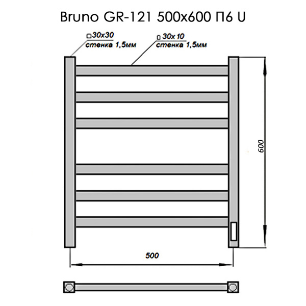 полотенцесушитель электрический с/т grois bruno gr-121 500/600 п6 ral9005 u черный матовый