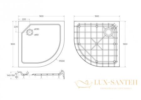 поддон smc cezares tray-smc-r-90-550-150-w, белый