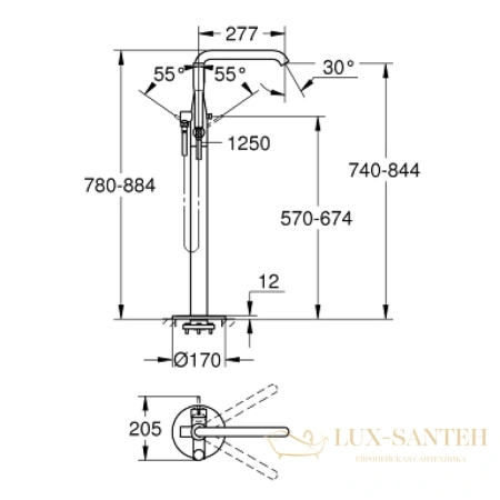 смеситель напольный для ванны grohe essence new 23491a01, темный графит глянцевый