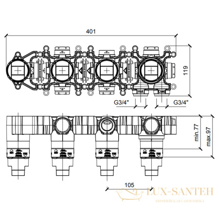встраиваемая часть almar modular e176910, термостатического смесителя для ванны на 2 выхода, горизонтальный монтаж