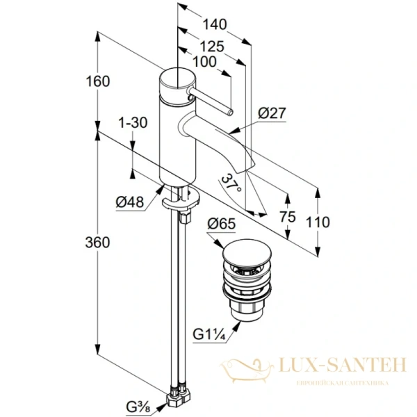 смеситель kludi bozz 38266n076 для раковины, с донным клапаном, золото матовое