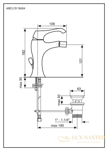 однорычажный смеситель для биде emmevi ares 76004/crs, с донным клапаном, брашированный хром