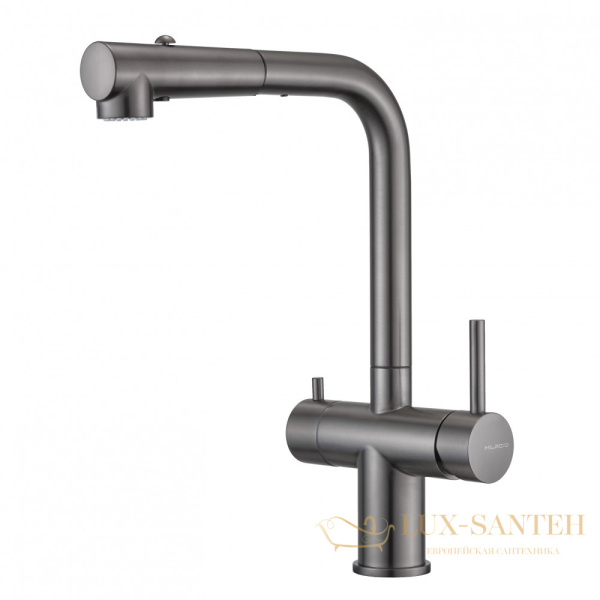 смеситель для кухни под фильтр с выдвижным изливом milacio mcu.561.gm, оружейная сталь