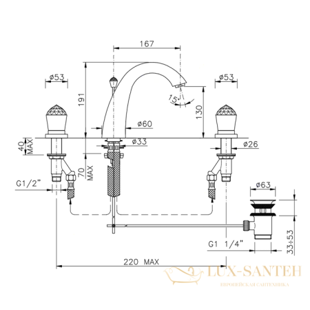 смеситель для раковины, nicolazzi cristallo, 2009cr22, с донным клапаном, хром