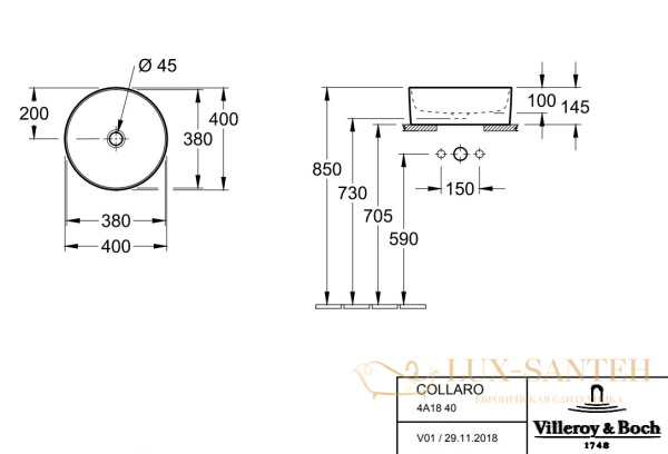 раковина villeroy & boch collaro 4a1840rw накладная для ванной комнаты 400 мм ceramicplus, белый камень
