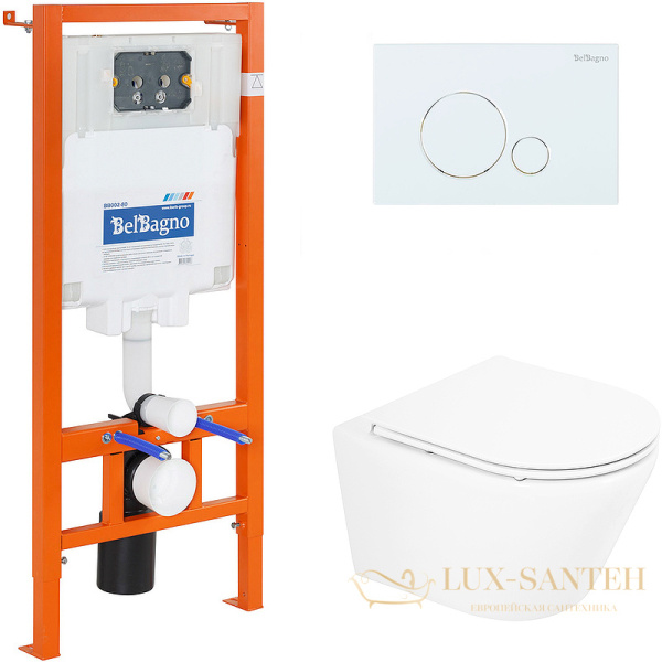комплект унитаза с инсталляцией belbagno tre bb8001chr/sc/bb002-80/bb014-sr-bianco с сиденьем микролифт и клавишей смыва, белый