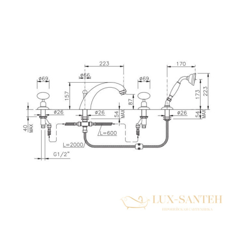 смеситель на борт ванны nicolazzi cristallo di rocca, 2104cr09c, 4 отверстия, излив 223 мм, с ручным душем, хром