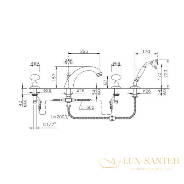 смеситель на борт ванны nicolazzi cristallo di rocca, 2104cr09c, 4 отверстия, излив 223 мм, с ручным душем, хром