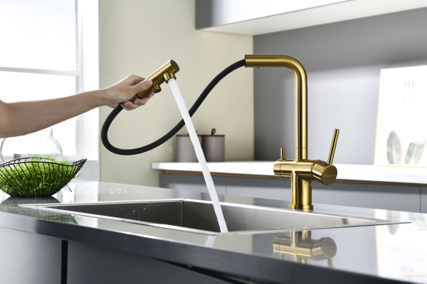 смеситель для кухни под фильтр с гибким изливом paulmark serpentine se213222-bg, золото брашированное