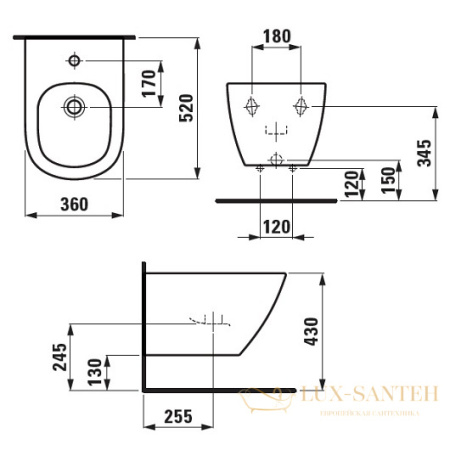 биде подвесное laufen lua 8.3008.1.000.302.1, 520*360 мм, 1 отверстие для смесителя, белый глянецевый