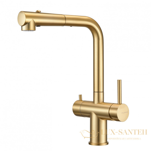 смеситель для кухни под фильтр с выдвижным изливом milacio mcu.561.gd, золото брашированное