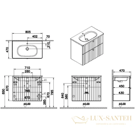 тумба с раковиной vitra root groove 69436 80,5 см, белый матовый