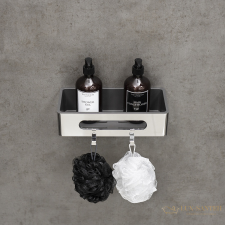 полка для душа lemark shelf line 9771043, 295 мм, с крючками и вставкой из пластика, хром/вставка-графит