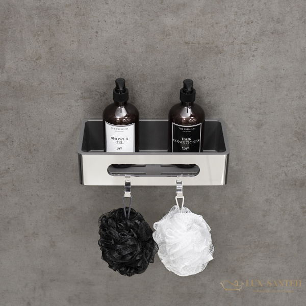 полка для душа lemark shelf line 9771043, 295 мм, с крючками и вставкой из пластика, хром/вставка-графит