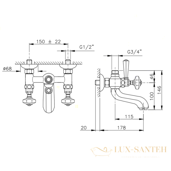 смеситель для ванны nicolazzi teide four, 1900bz45, вывод сверху 3/4" (для душевой стойки), бронза