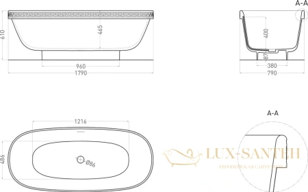 ванна salini greca 103021m s-stone 179x79 см, белый