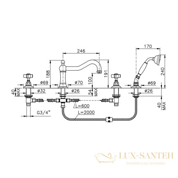 смеситель на борт ванны nicolazzi p.m.blanc, 1449bz78, на 4 отверствия, с ручным душем, бронза