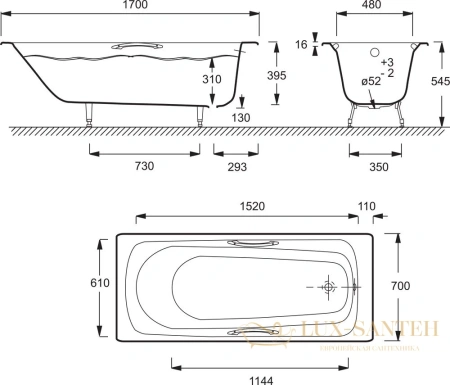 чугунная ванна jacob delafon melanie 170x70 e2925-00 с отверстиями для ручек