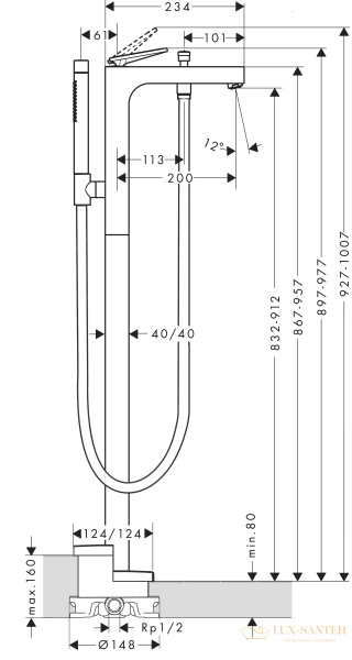axor citterio, 39471000, смеситель для ванны, напольный, с текстурой, хром