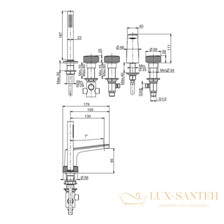 смеситель на борт ванны fima carlo frattini texture collection, f5614hns, ручки "h", с ручным душем и шлангом, чёрный матовый