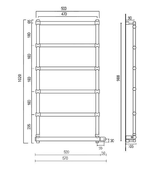 полотенцесушитель электрический margaroli sole 542-6 box 5424706crpb, с полкой, высота 102 см, ширина 57 см, хром