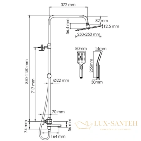душевая система wasserkraft abens a299.255.130.bm thermo 250 мм, черный матовый