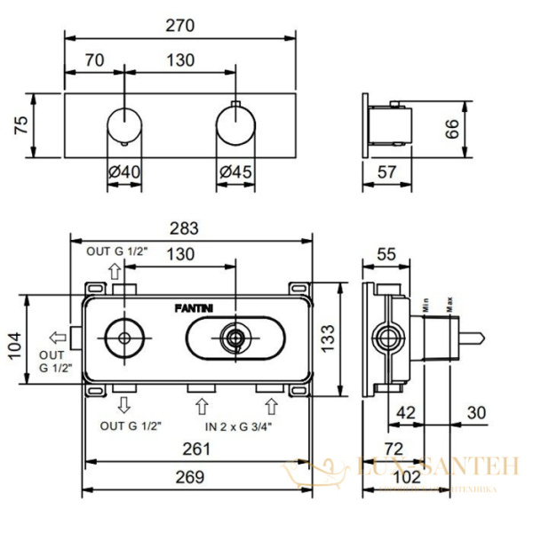 смеситель термостат встраиваемый для душа fantini nostromo, 87 13 g572b, 3 х 4'', наружная часть, черный матовый
