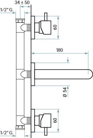 встраиваемый в стену двухвентильный смеситель emmevi piper 45155/cr для раковины без донного клапана, хром