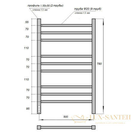 полотенцесушитель 500x800 электрический point веста pn70758b п9, диммер слева, черный