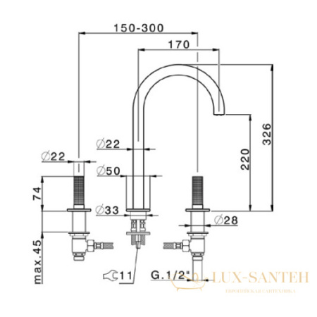 смеситель для раковины на 3 отверстия cisal x32 x1001040d1, нержавеющая сталь