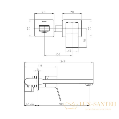 смеситель для раковины встраиваемый, bossini aki z00731.094, без донного клапана, внешняя часть,  никель шлифованный