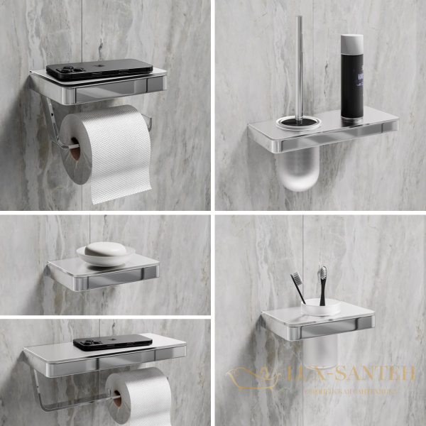 ёршик для унитаза lemark glass line 9761031 с держателем и полкой, хром/белое стекло