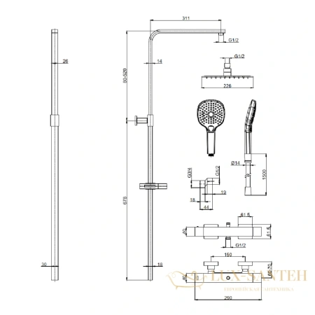 душевая система для душа aquame aqm8007mb, с термостатом, черный матовый