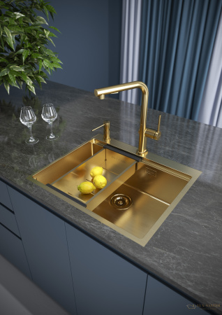 смеситель для кухни с выдвижным изливом paulmark neo ne214419-bg, золото брашированное