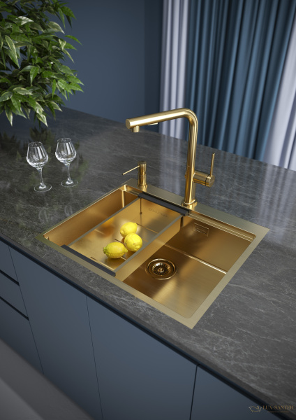 смеситель для кухни с выдвижным изливом paulmark neo ne214419-bg, золото брашированное