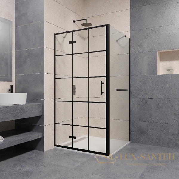 душевой уголок rgw passage 410877199-084l pa-77-1b l 90x90, профиль черный, стекло прозрачное
