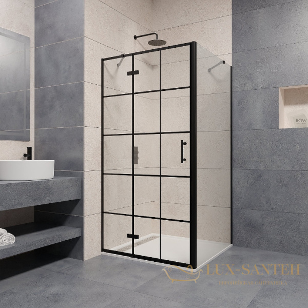 душевой уголок rgw passage 41087799-084l pa-77b l 90x90, профиль черный, стекло прозрачное