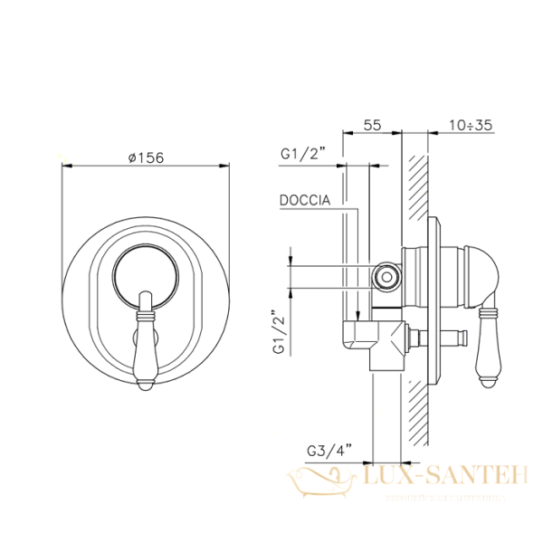 nicolazzi cristallo, 3460cr33, внешняя часть встраиваемого смесителя для душа с переключением, 2 источника, хром