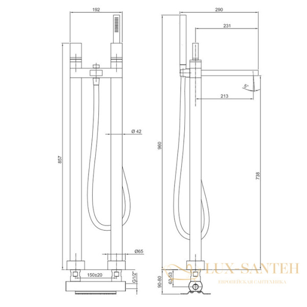 смеситель напольный для ванны fantini venezia in, 29 01 n580sb, с ручным душем, излив 215 мм, (наружняя часть), золото плюс