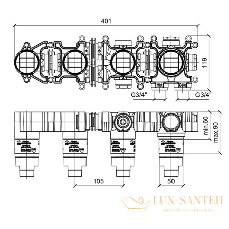 встраиваемая часть almar modular e169005, смесителя для ванны на 3 выхода, горизонтальный монтаж